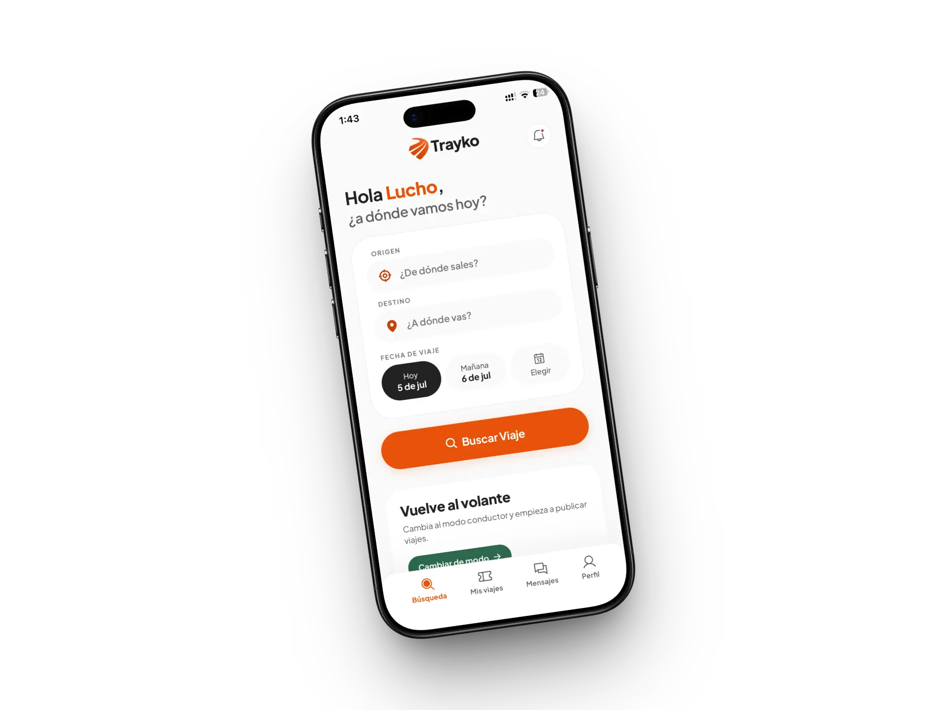 Pantalla de la app Trayko